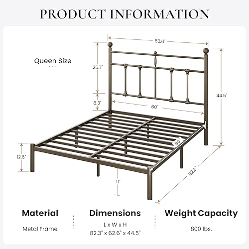 Image of SHA CERLIN Queen Size Metal Platform Bed Frame with Victorian Vintage Headboard /Under Bed Storage /No Box Spring Needed /Easy Assembly /Noise Free /Mattress Foundation /Gold