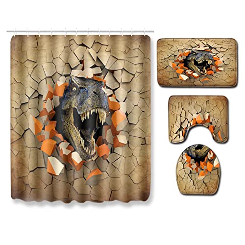 ZQMHCY Duschvorhang Orange Dinosaurier Braun Shower Curtains 4-Teiliges Set, 1 Duschvorhang 180x180 Polyester+1… – Bild 3