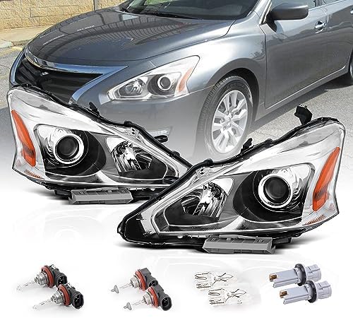 AmeriLite 2013-2015 Projector Chrome Housing Replacement Halogen Car Headlights Pair For Altima 4Dr Sedan - Driver and Passenger Side, Vehicle Light Assembly, Chrome