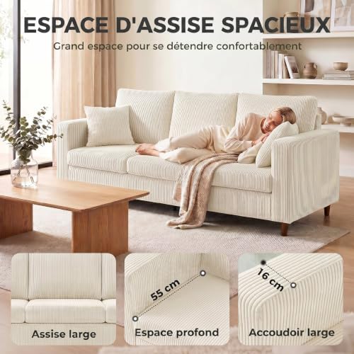 Canapé 3 places velours côtelé crème 225 cm HOMCOM