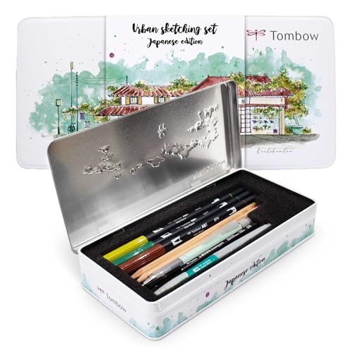 Tombow Urban Sketching Set Japan Edition, hochwertige Künstlerstifte & Anleitung, Brush Pens & Waterbrush für Aquarelle, Metallbox zur Aufbewahrung...