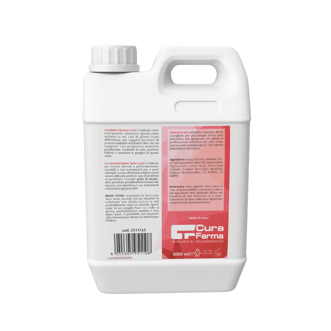 Collutorio Clorexidina 0,2% Professionale – Disinfettante Orale Antibatterico – Ideale per Igiene Orale – Tanica da 5 Litri