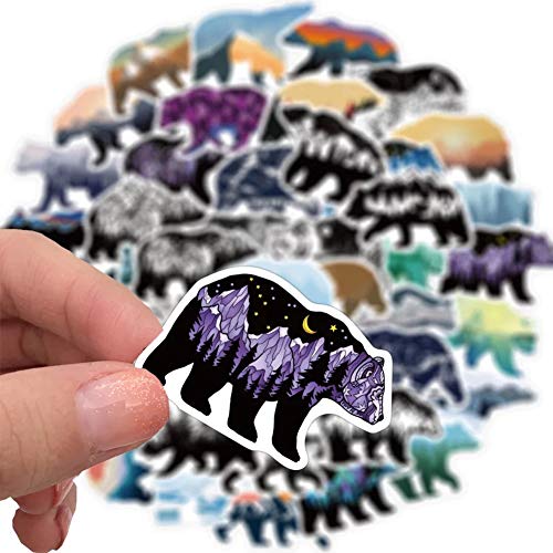 Grizzly Bear Stickers with Mountaintop Landscapes| 50 Pcs Bear Waterproof Vinyl Stickers for Water Bottles Bicycle Laptop Refrigerator Luggage Computer Mobile Phone Skateboard Bike Decals