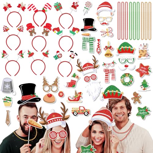 Image of fiintrwa Christmas Headband Beads Necklace Hair Hoop Eyewear Eyeglass Santa Hat Photo Props for Xmas Party Decoration Supplie