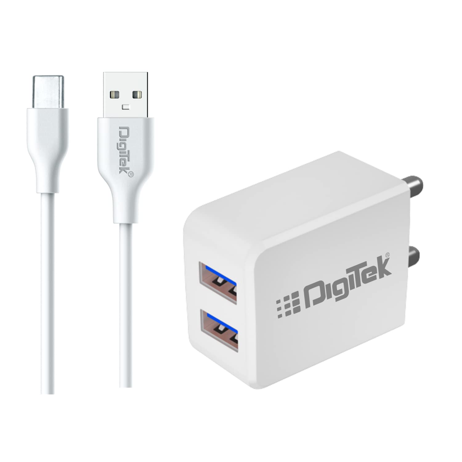 Digitek (DMC-101 C) 2-in-1 Dual USB Travel Charger 5V/3.1A with 1 Meter Type-C Cable 3A, Adapter with Multi Protection, Compatible with Android Smartphones, Tablets, Earbuds, Speakers & USB Devices