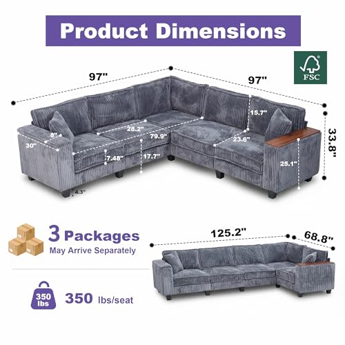 Image of 97 inch L Shaped Sectional Couch, Comfy Corduroy Sectional Couch, Modular Convertible V Shaped Couch, 5 Seat Corner Sofa with 2 Pillows & Storage Armrests for Living Room, Grey