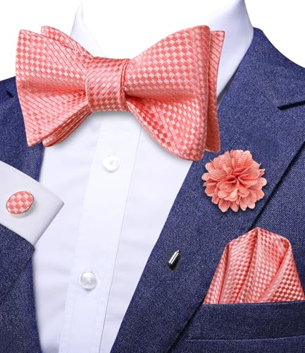 Image of Dubulle Self Tie Bow Ties and Lapel Pin for Men Paisley Solid Mens Bowtie and Handkerchief Cufflinks Set Wedding