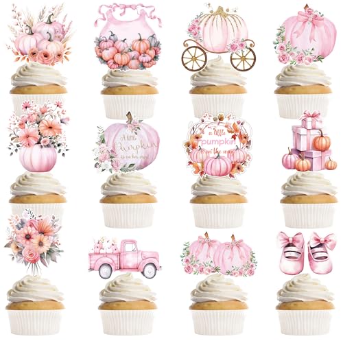 MOIZYNG 36 PCS A Little Pumpkin is On The Way Cupcake Toppers, Pink Princess Carriages Floral Pumpkin Baby Shower Cake Decorations for Baby Girl First Birthday Gender Reveal Party Supplies Favors
