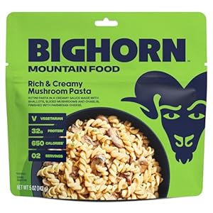 BIGHORN Mountain Food Vegetarian Creamy Mushroom Pasta – freeze dried meals for backpacking food – dehydrated camping food for backpacking meal – just add water – great taste – 2 servings