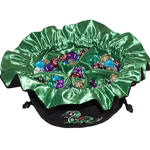 Large Dice Bag with Pockets – Embroidered Green Dragon DND Dice Bag | Green Satin Interior Lining | Man-Handles 150+ Dice