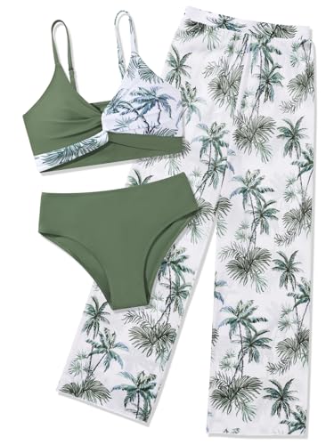 ESHOO Girls Swimsuit 3 Piece Bikini Bathing Suit Criss Cross Tropical Floral Swimwear Quick Dry Cover Up Pants 9-16Y