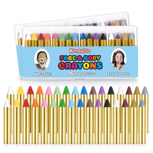 Kangaroo Face Painting Kit for Kids & Body Paint Crayons - 32 Washable Non Toxic Face Paint Sticks 16 Colors (2 Each) - Easy Grip Makeup Crayons for Kids & Adults - Cosplay Parties & Costume Makeup