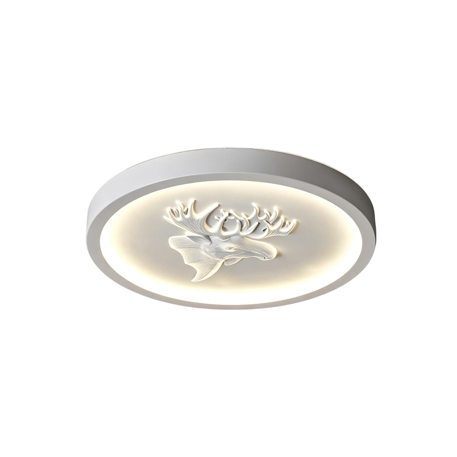 YNVIOZM Round LED Ceiling Light White Resin Carved Deer Head Flush Mount Ceiling Lamp, 3 Color Temperatures Adjustable Lighting Fixtures for Bedroom, Kitchen, Living Room, Office, and Hallway.
