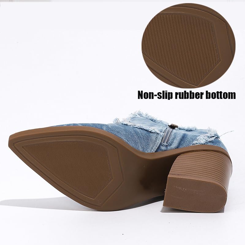 Women'S Denim Pointed Toe High Block Heel Western Boots Fashion Closed Toe Handmade Side Zipper Chunky Heels Booties Leisure Business Parties Ankle Boots4