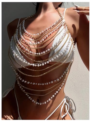 WDIRARA Women's Pearl Beaded Chain Halter Top Sleeveless Backless Bikini Cover Up Tops3
