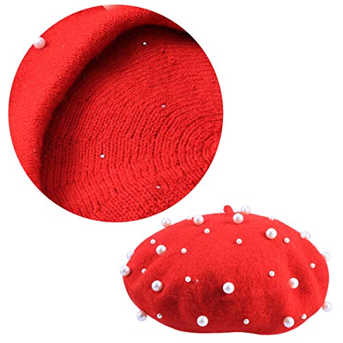 Bestoyard Beret Pearl Autumn Winter Cashmere Beret Starry Beaded Pearl Rivet Wool Beret (Red), 27X27X1Cm #TOP2