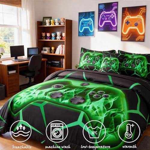 Image of ZRNBAST Twin Size Bedding Set for Boys, 6 Pieces Green Gamer Comforter Set