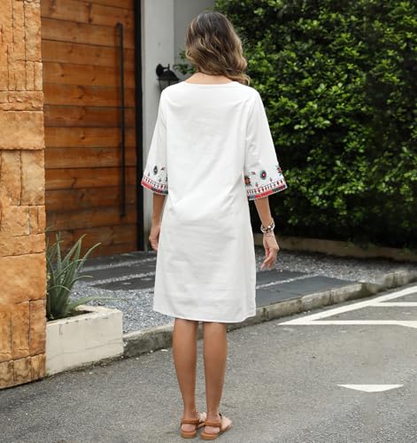 Image of Higustar Mexican Embroidered Dress Summer Cotton Bohemian Flower Peasant Traditional Mexico Fiesta Boho Dresses for Women