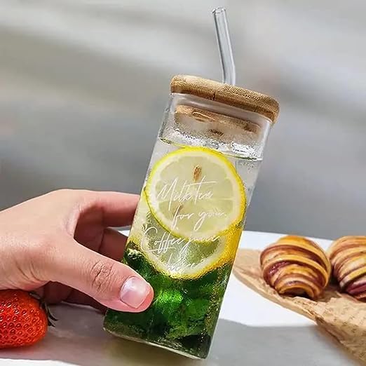 Athvika Creation Square Glass Mug with Wooden Lid and Straw Sipper for Green Tea, Cold Coffee, Fruit Juice, Beer, Chocolate Shake | Airtight Wooden Lid Mug Sipper -320ml