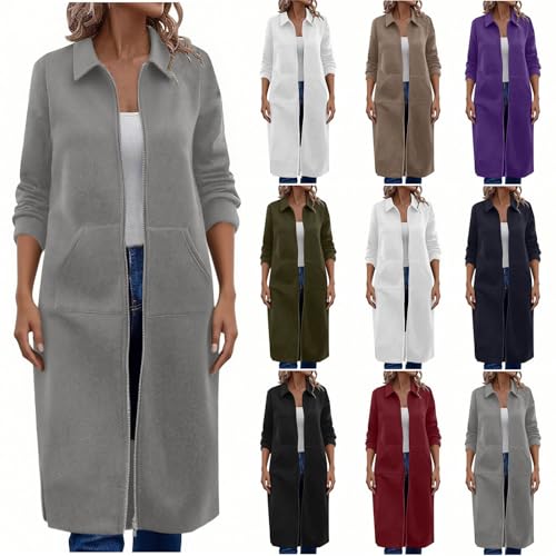 Womens Zipper up Fleece Long Jacket Long Sleeve Lapel Cardigan Jacket Solid Business Casual Jackets Coat with Pockets