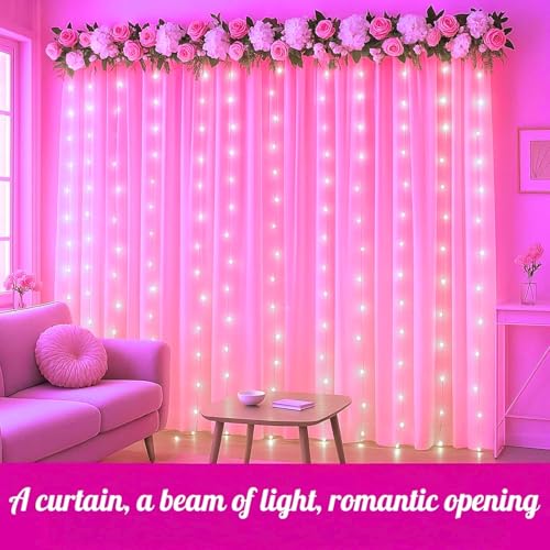 Image of One94Store Fairy Curtain String Lights for Wall Decoration, USB Powered 300 LED's, 8 Flashing Modes, Window Backdrop Lights for Bedroom, Party, Diwali, Christmas - (3x3 Meter) Pink