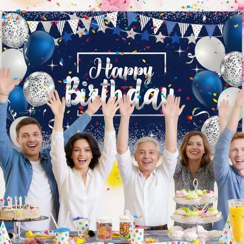 Image of Tatuo Navy Blue Birthday Confetti Balloons Kit Set Photography Backdrop Banner Package for Boys Girls Men Women Birthday Party Decorations Supplies(Navy Blue and Silver)