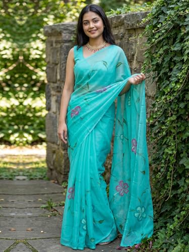 Image of AKHILAM Women's Cotton Saree with White Daisy Floral Prints Tassel Pallu Lightweight Summer Saree