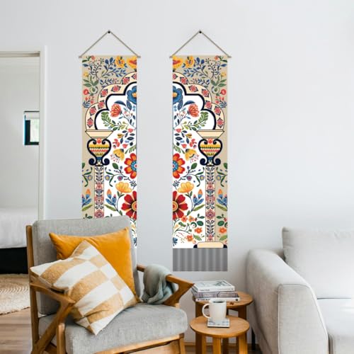 AHANDMAKER 2Pcs Boho Flower Mandala Indian Vertical Tapestry, Boho Floral Art Wall Hanging with Tassel for Living Room, Entry (45.7x13 Inch) - Image 6