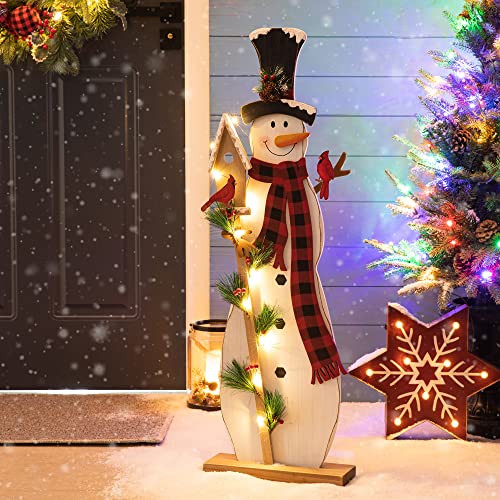 Image of Glitzhome 36 inch H Lighted Wooden Christmas Snowman Porch Sign Standing Snowman with Birdhouse Porch Decor Rustic Merry Christmas Welcome Sign Holiday Party Outdoor Indoor Xmas Decorations