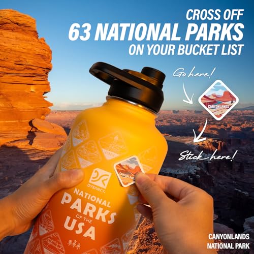 DYSANKY National Parks Water Bottle – 64 oz Insulated Stainless Steel Bottle with 63 Hand-Drawn Park Stickers, Carrier Bag, Strap & Gift Box – BPA-Free – Ideal for Hiking, Camping & Travel by DYSANKY - Image 3