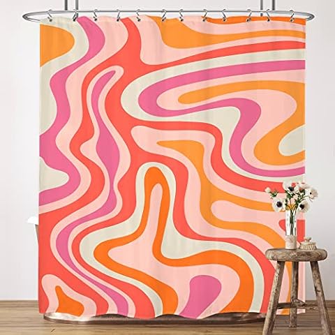 LIGHTINHOME Retro 70s Groovy Shower Curtain 72Wx72H Inches Vintage Abstract Funky Modern Art Aesthetic Patterns Colorful Trippy Cloth Fabric Waterproof Polyester Bathroom Home Decor Set with Hooks Cover
