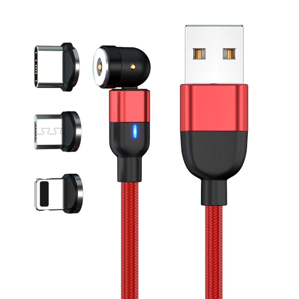 JJA Magnetic Charging Cable, 3 in 1 Micro USB, Type C, i/connector, Android Smart Phones, Rotating, Fast Charger, Made with Visibility LED & Strong Nylon Braided (Red)