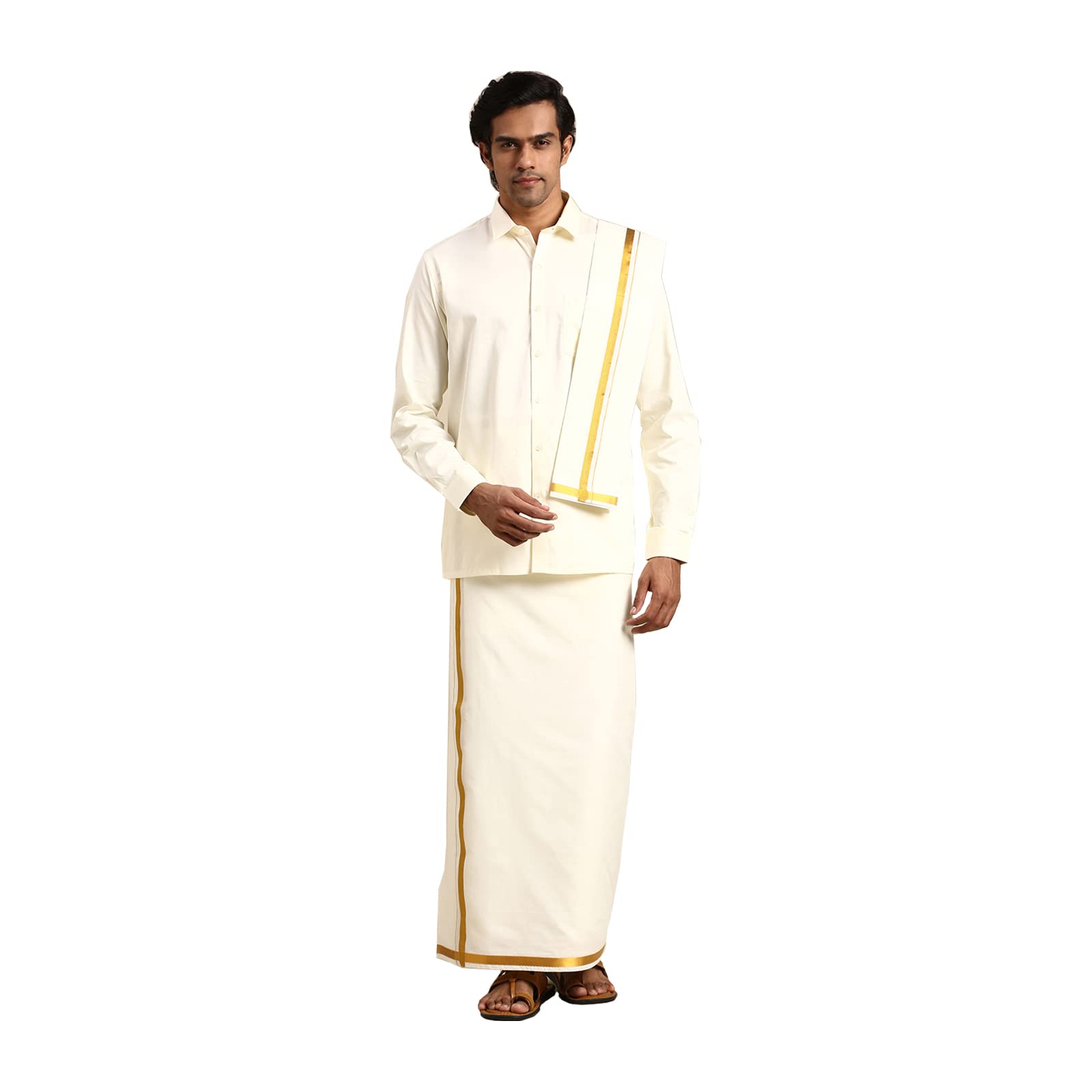 Men’s Trending Full Sleeve Shirt with 3/4 Gold Jari Border Dhoti, Towel & Belt Set
