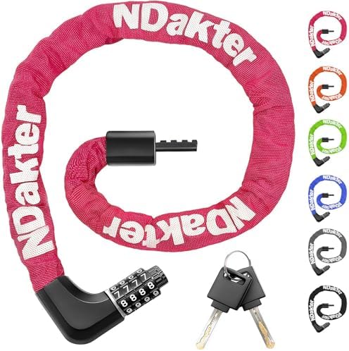 NDakter Upgrade Bike Chain Lock with 4 Digit Combination and 2 Keys, 3.2/4.28 Ft Heavy Duty Anti-Theft Bicycle Lock, 2 Ways to Unlock High Security Scooter Locks for Ebike, Escooter, Door