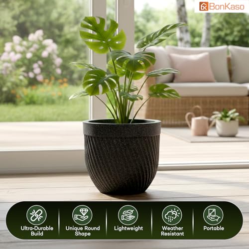Image of Bonkaso 10 Inch Seltos Ribbed Planter for Indoor & Outdoor Use | Round Heavy Duty Polymer Flower Pot | Lightweight Weather Resistant Modern Gamla for Living Room Balcony & Terrace (Dark Grey)