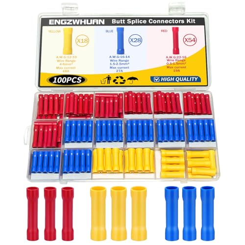 100PCS Wire Butt Splice Connectors Kit,22-10AWG Electrical Crimp Terminal Connector Kits Cold Crimp Wire Connectors Set for Electrical Wire Connector with Ring for 22,20,18,16,14,12,10 Gauge Wires