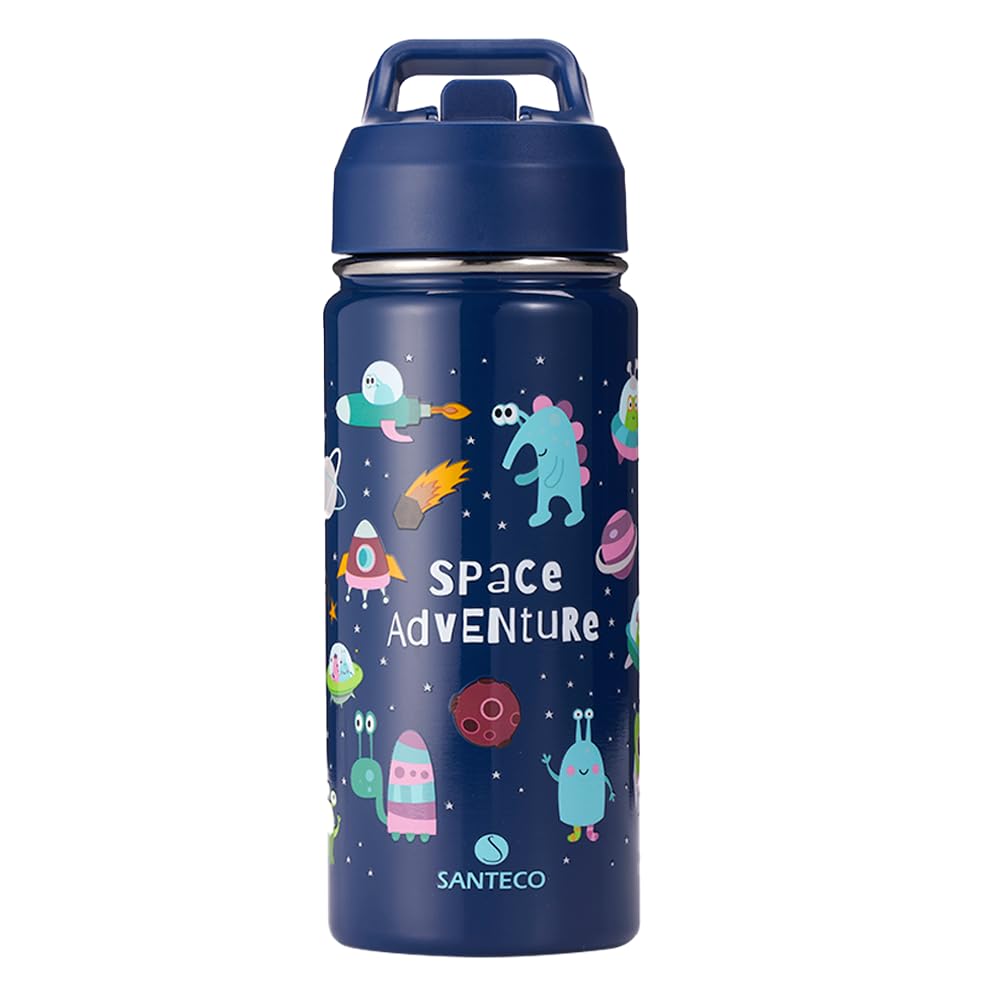 SANTECO Borraccia Bambini Acciaio Inox, Senza BPA, 500ml Borraccia Termica a Prova di Perdite con Cannuccia per Scuole, Facile da Pulire