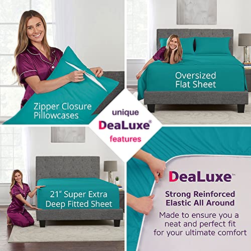 Extra Deep Pocket Queen Sheet Set 4 Piece 21' Queen Bed Sheets Oversize Flat Sheet, Fitted Sheet and 2 Zipper Closure Pillowcases Teal by DeaLuxe - Used condition - Image 6