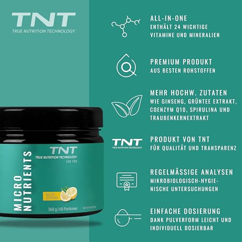 TNT Multivitamin Pulver mit 24 Vitaminen & Mineralien (360g) • Vitamin Komplex mit Grüntee Extrakt, Spirulina & Coenzym Q10 • Micronutrients (Mild Lemon)