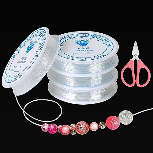 Furuising 4 Rolls 0.5mm Elastic String for Bracelet Making, Invisible String for Jewellery Making, Stretchy Nylon Thread with 1 Pair of Scissors for DIY Friendship Bracelet Making, Hanging Decorations