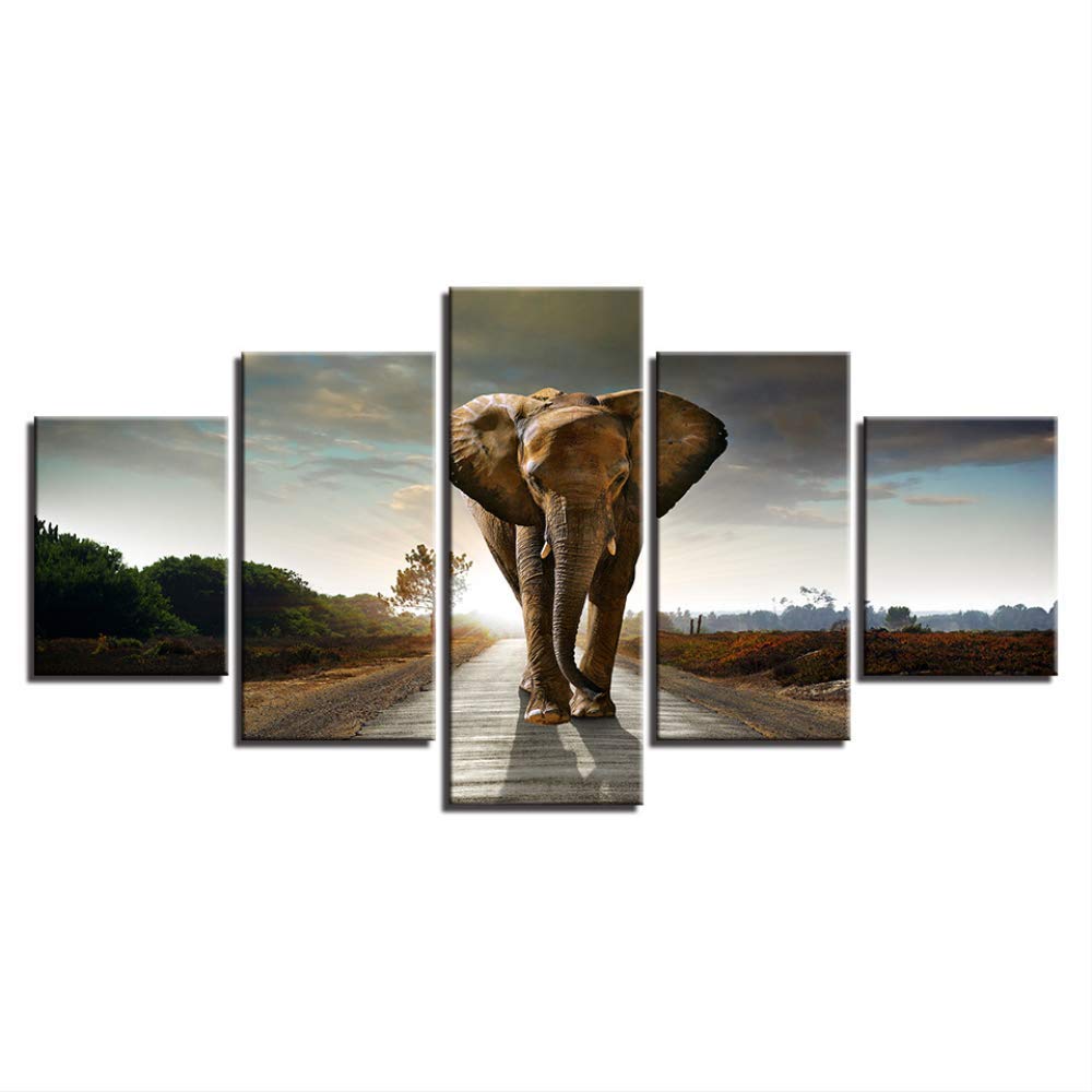 Toile murale éléphant de 5 pièces pour décoration de salon et de chambre