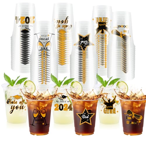 ZCPTZ 100 Pcs Graduation Party Supplies Cups,Class of 2024 Disposable Clear Plastic Cups 12oz Congrats Grad Cups Black and Gold Graduation Party Decorations Cups for Beer Coffee