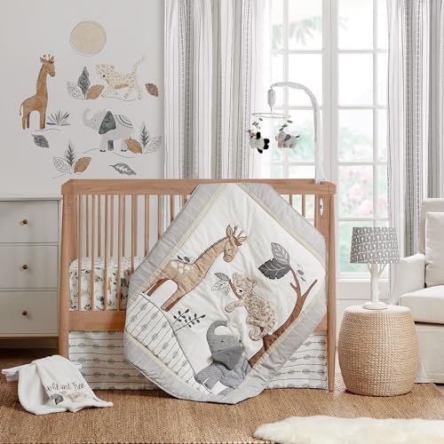 Image of Levtex Baby - Serengeti Crib Bed Set - Baby Nursery Set - Taupe Grey White Brown Cream and Charcoal - Jungle Friends - 5 Piece Set Includes Quilt, Two Fitted Sheets, Wall Decal & Skirt/Dust Ruffle
