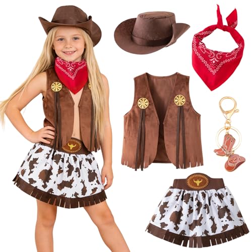 Kitimi Lot de 5 costumes de cowgirl pour fille, marron, costume de cowboy pour enfant fille avec bandana, gilet, chapeau, jupe, porte-clés, tenue de cowboys...