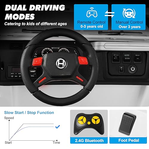 JOYLDIAS 2-Seater Ride On Truck and Car Cover, 12V7AH Battery Powered Toys Car for 2 Kids with Remote Control, Music, MP3, Bluetooth, LED Lights, 3 Speeds, Spring Suspension for Boys and Girls, White - Image 4