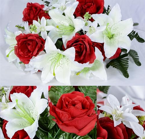 Artificial Headstone Flower Saddles for Graves, Cemetery Memorial Flowers for Outdoor Tombstone Decorations, Lily Rose Gerbera Mixed Saddle Flowers (White Lily, 1 Saddle 2 Bouquets image 6