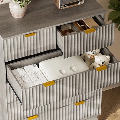 Image of BORNOON 46 inch Tall Dresser for Bedroom, 6-Drawer Fluted Chest of Drawers, Modern Wood Highboy with Deep Storage, Metal Slides and Handles, Anti-Tip Kit, Vertical Clothes Organizer for Apartment, Nursery