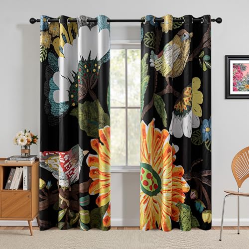 Image of MYSKY HOME Black Boho Floral Blackout Curtains 84 inch Length 2 Panels Set for Living Room Thermal Insulated Black Out Energy Saving with Bird Patterned Grommet Drape for Dining Room, 52 inch x 84 inch