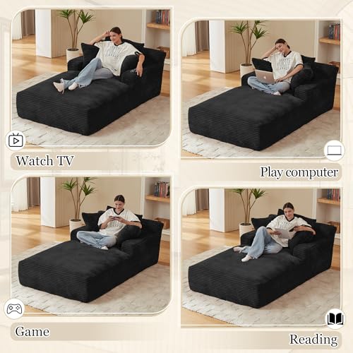 Image of 80 Inch Chaise Lounge Chair Indoor, Oversized Corduroy Upholstered Boneless Sofa Bed, Deep Seat Sleeper Couch Reading Chairs, Cloud Sofas Couches for Living Room, No Assembly Required (Black)