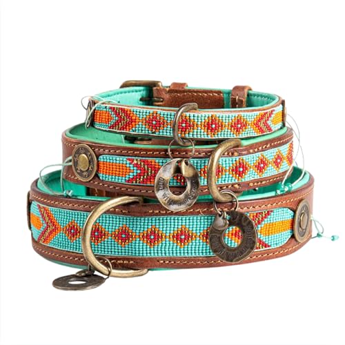 DWAM Dog with a Mission - Hundehalsband XL | Farbenfroh Türkis, Orange mit Perlen | Boho, Ethno, Ibiza, Hippie | Extra große Hunde | Handgemacht | Modisch und Bunt | Weichem Echtes Leder | 4 cm Breit